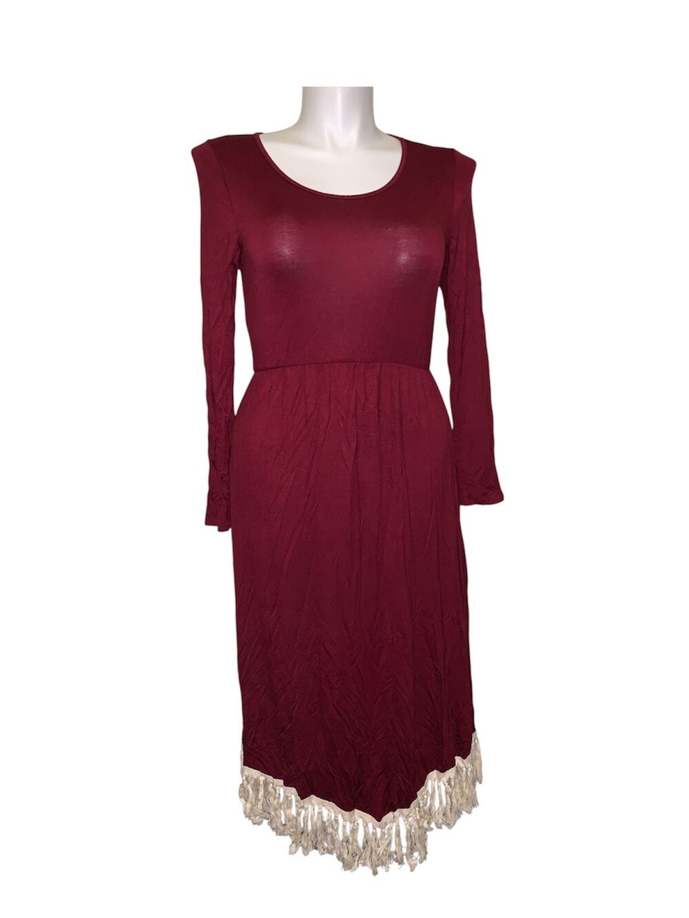 Burgundy Y2K Fringe Hem Boho Midi Dress Long Sleeve Stretch Women’s Size M